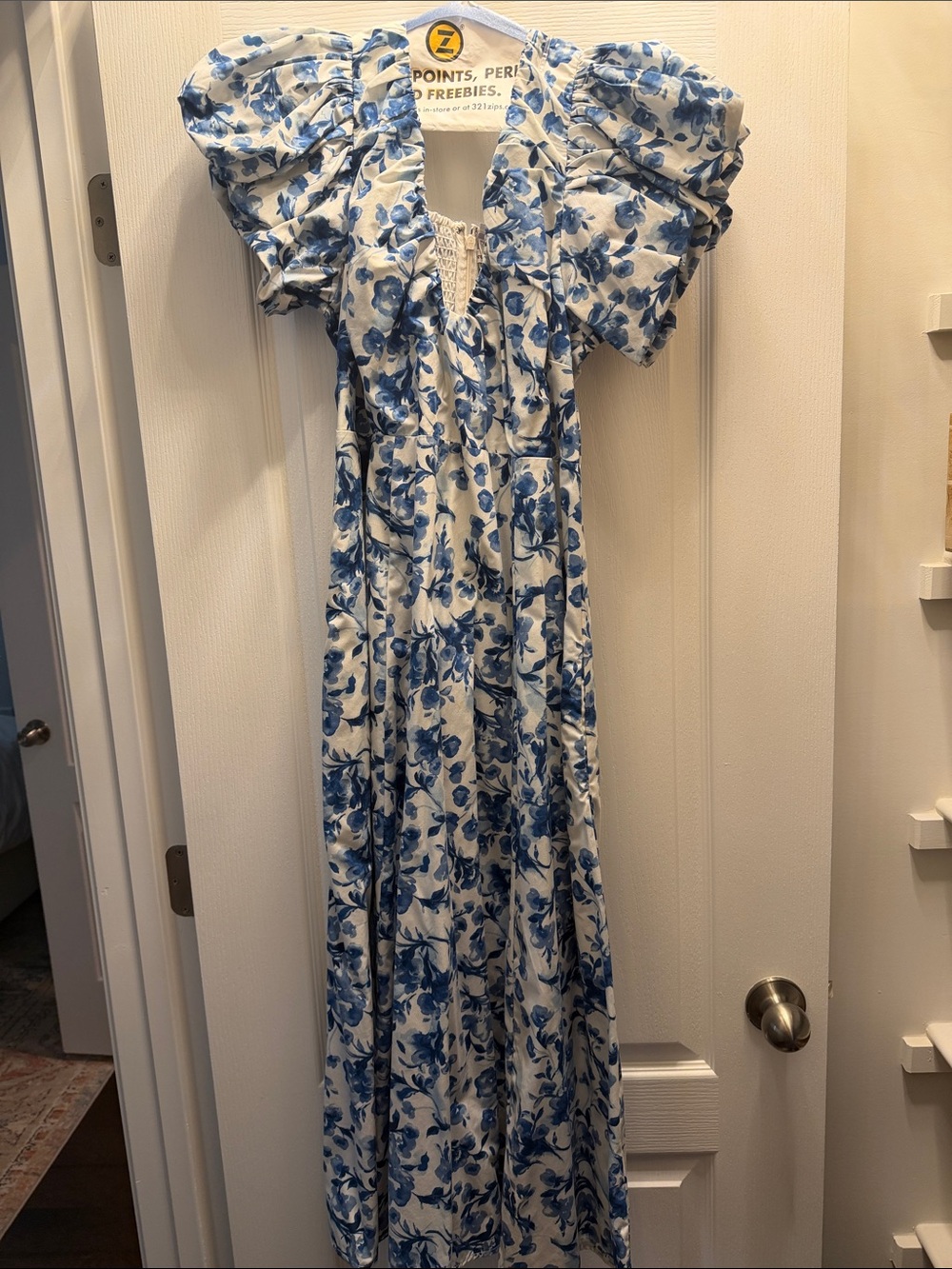 Abercrombie & Fitch White Maxi Dress with Blue Floral Print and Puff Sleeves